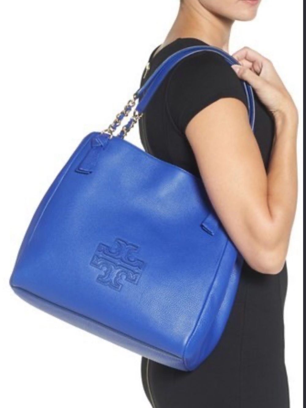 Tory Burch Harper Cobalt Blue Pebbled Leather Shoulder Tote Bag